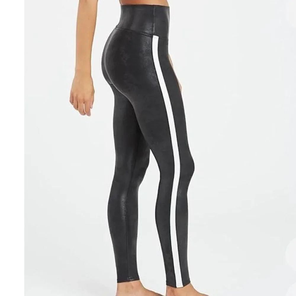 SPANX Faux Vegan Leather side  Strap Leggings Black White Fitted size XS